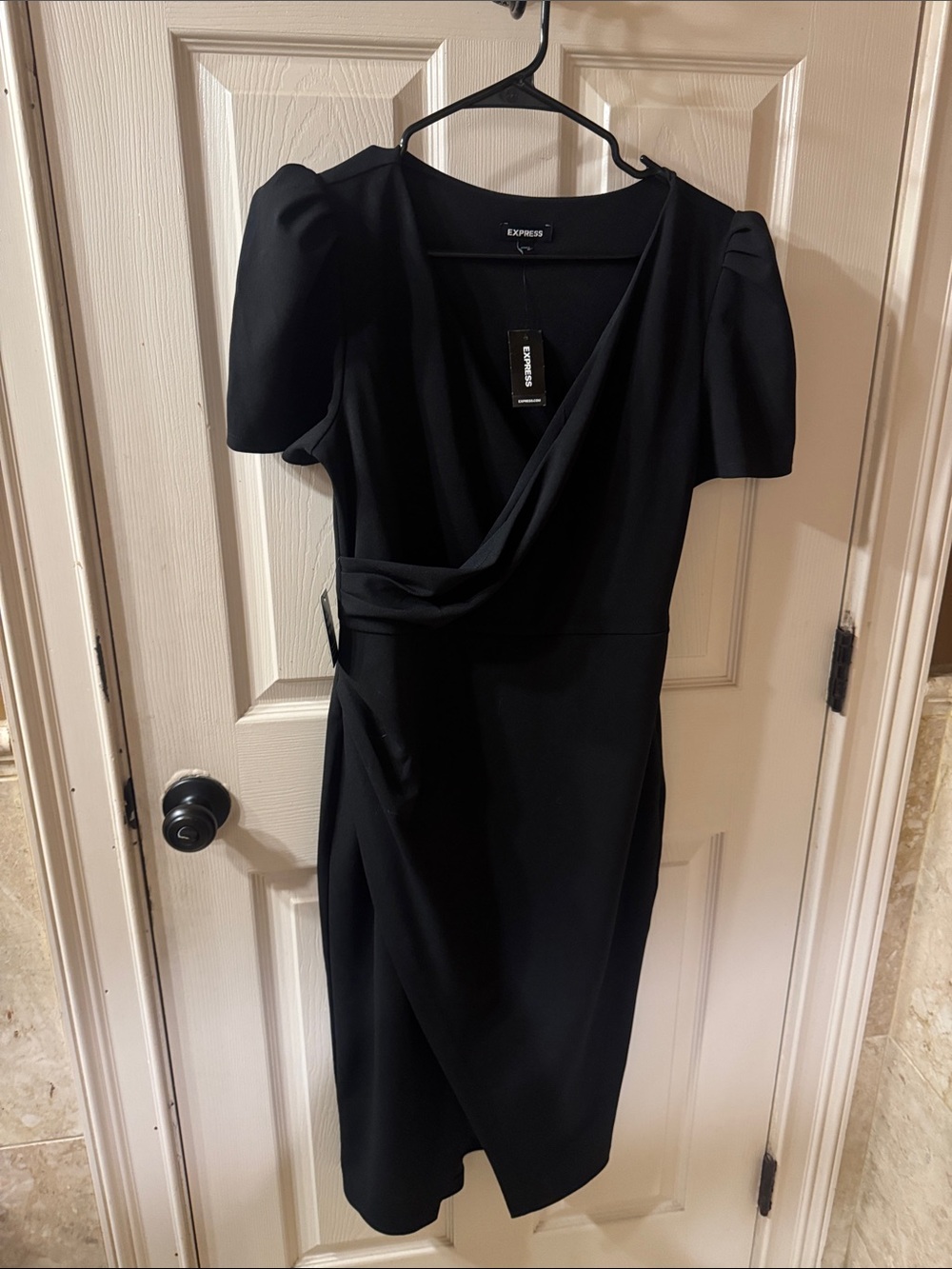 Express Black Draped Wrap-Front Midi Dress with Puff Sleeves